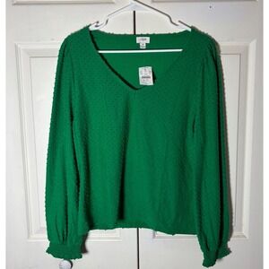 J.Crew Factory Green Clip Dot V-Neck Balloon Sleeve Blouse CA966 Size M